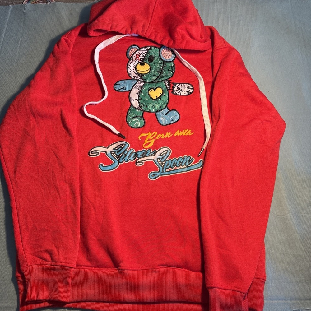Bleecker & Mercer Mens Red Patchwork Teddy Bear Hoodie Silver Spoon Large